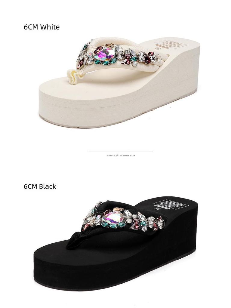 Women's Summer Platform Rhinestone Beach Slippers: Stylish, Soft-Soled High-Heeled Flip-Flops for a Fashionable Holiday.