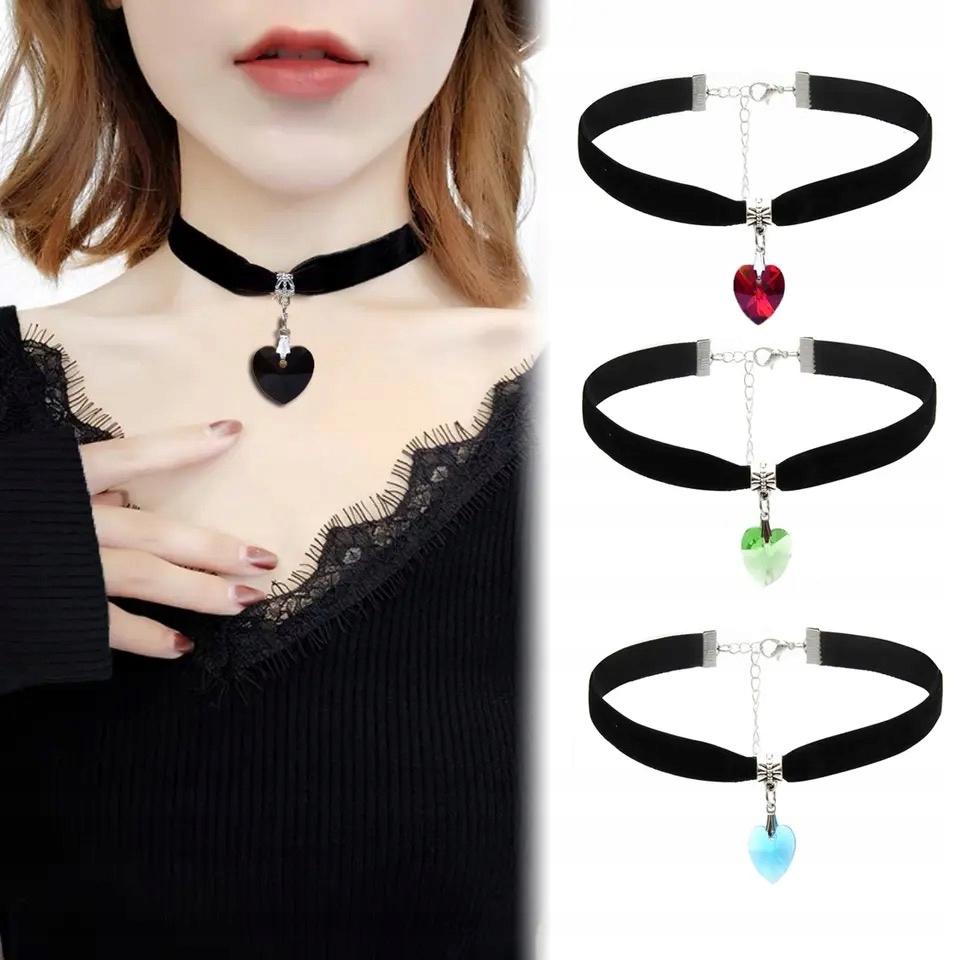 Classic Choker Necklace With Crystal Heart Pendant Gothic Black