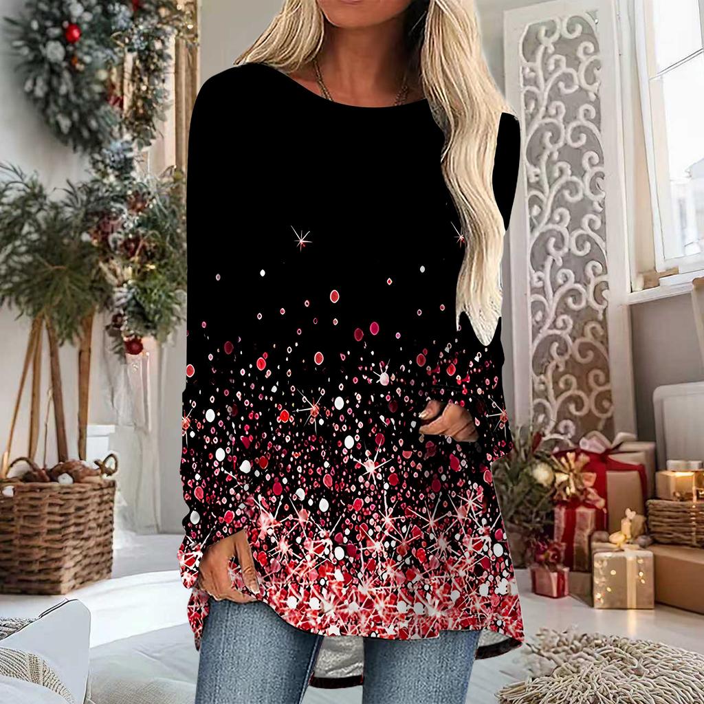 Plus Size Women Spring Christmas Snowman Printed Comfy Long Sleeve Round Collar T-shirt Casual Baggy Mid Length Tee Tops