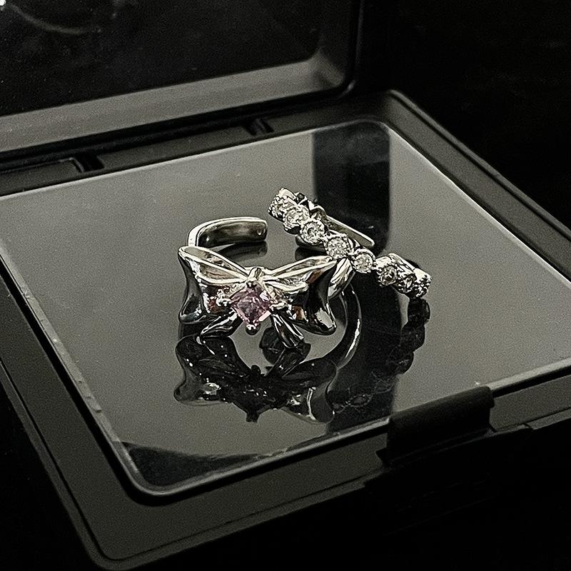 Niche Design Ring, Female Bow Opening, Diamond-Encrusted Zircon Pink, Girl'S Heart Index Finger Premium