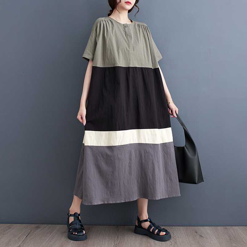 Летний Новый Стиль Корейский Стиль Свободный Большого Размера Пэчворк Повседневный Простой Милый Рубашечное Платье