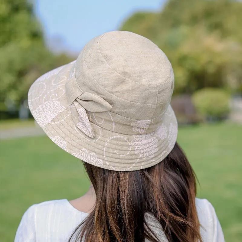 Bucket Womens Hat Cotton Rose Flower Bow Sunscreen Sun Hat Spring Adjustable Hat Breathable Vintage Fisherman Hat Basin Hat