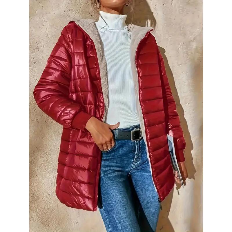 Зимняя женская стеганая парка средней длины 2025 года, теплое стеганое повседневное пальто свободного кроя на флисовой подкладке с капюшоном и застежкой-молнией для холодной погоды