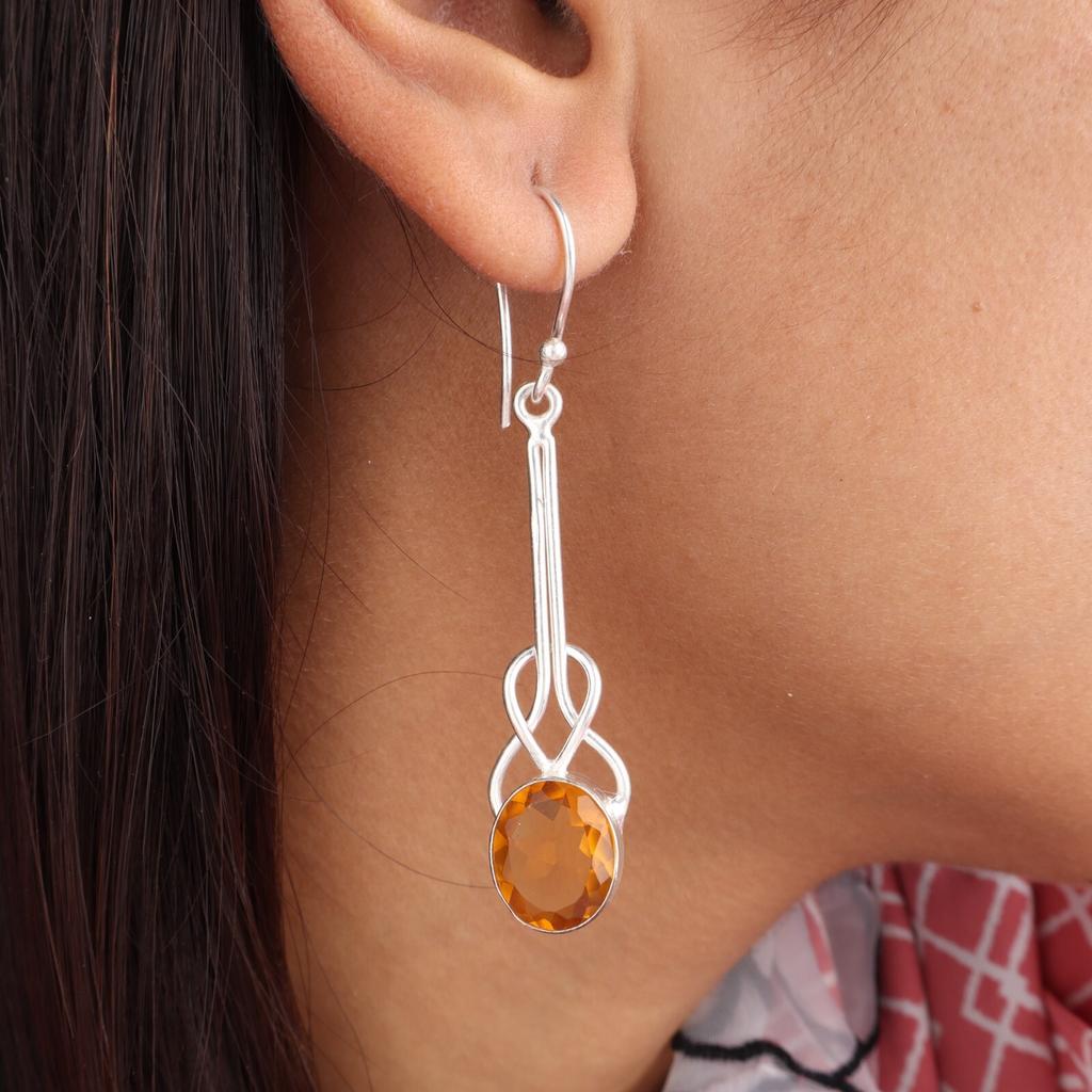 Natural Citrine Gemstone 925 Sterling Silver Jewelry Handmade Hook Earrings1.76" EE-171-2