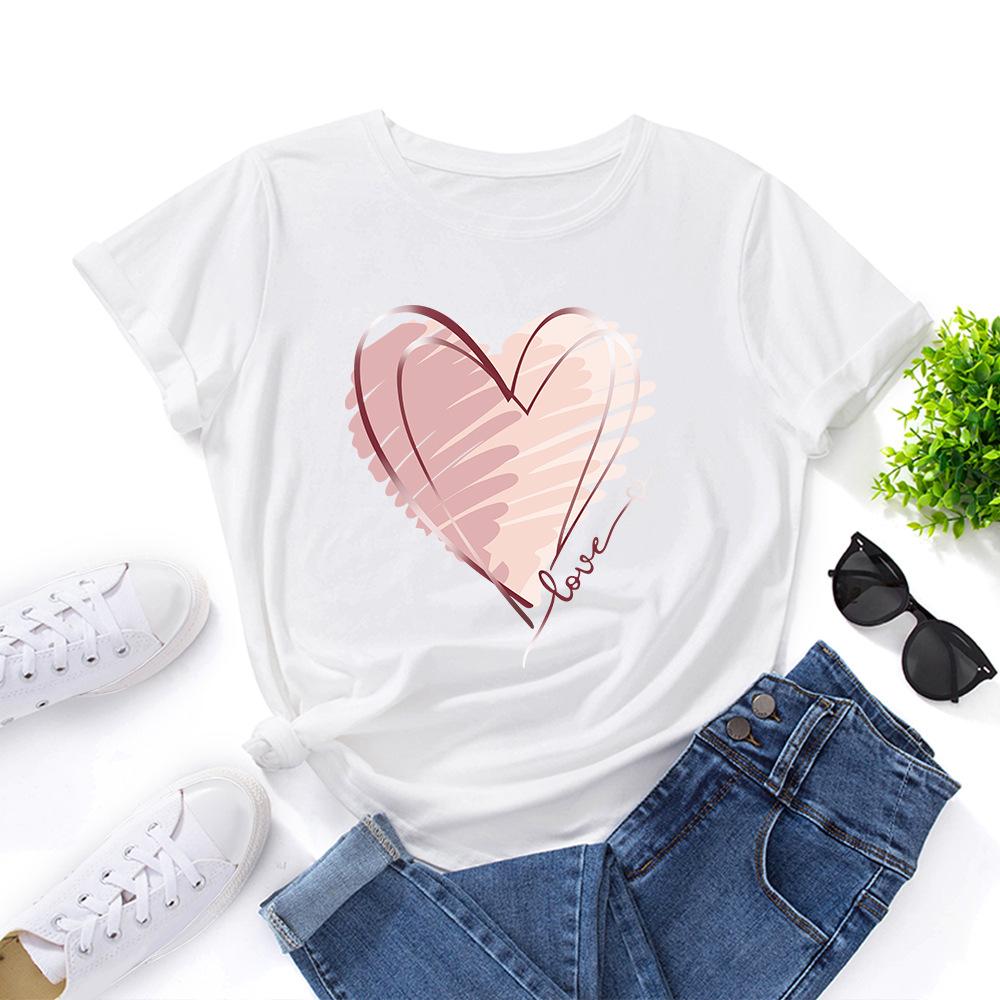 Модная хлопковая футболка с сердцем, с коротким рукавом, с круглым вырезом, женская, с 2D-принтом, топы