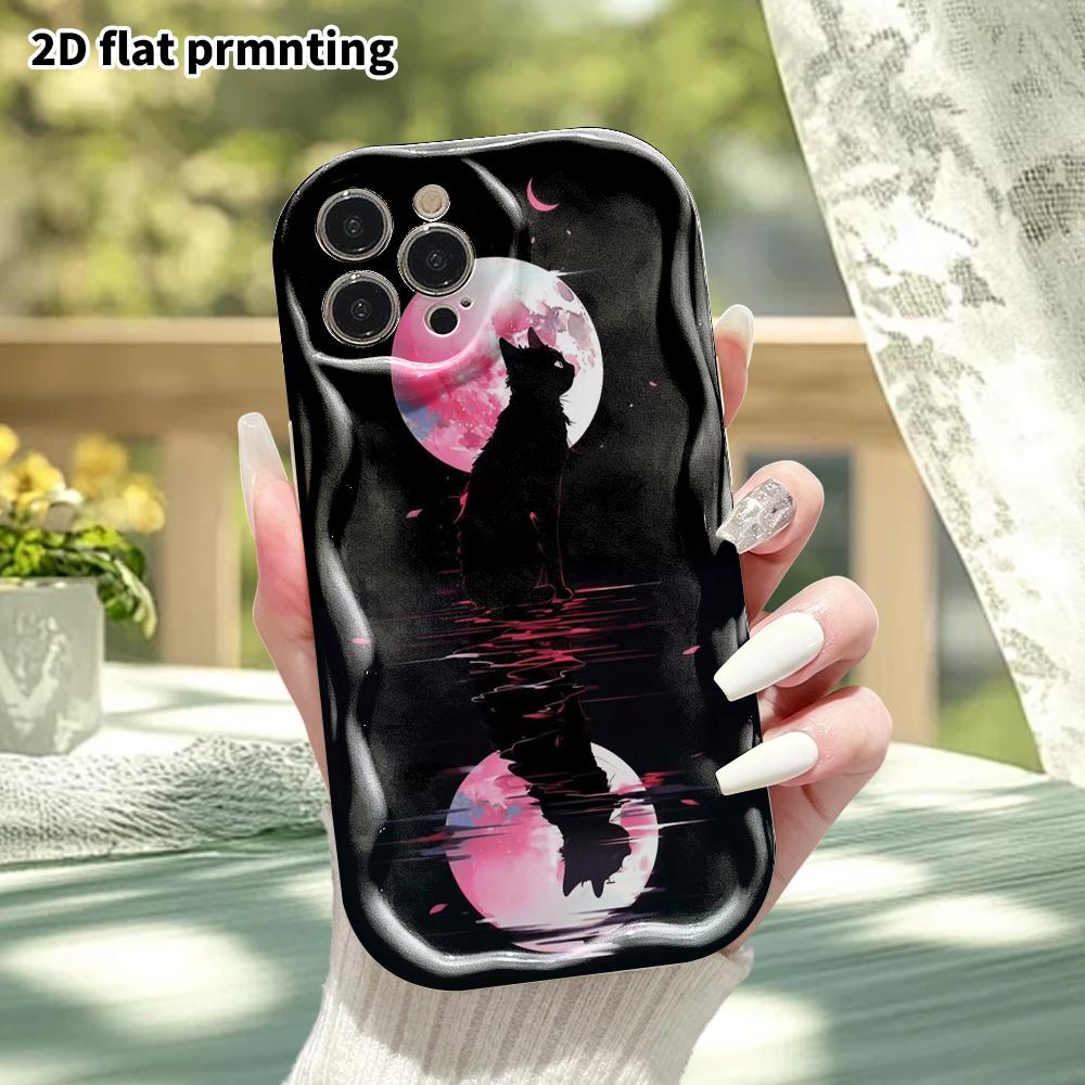 Phone case: 2D flat design suitable for iPhone 18 17 16 15 14 13 Pro protective case, black cat under the moon, perfect Christmas and Halloween holida