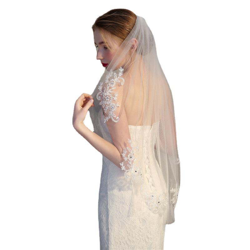 Европейская и американская короткая свадебная фата с кружевом, стразами и гребнем