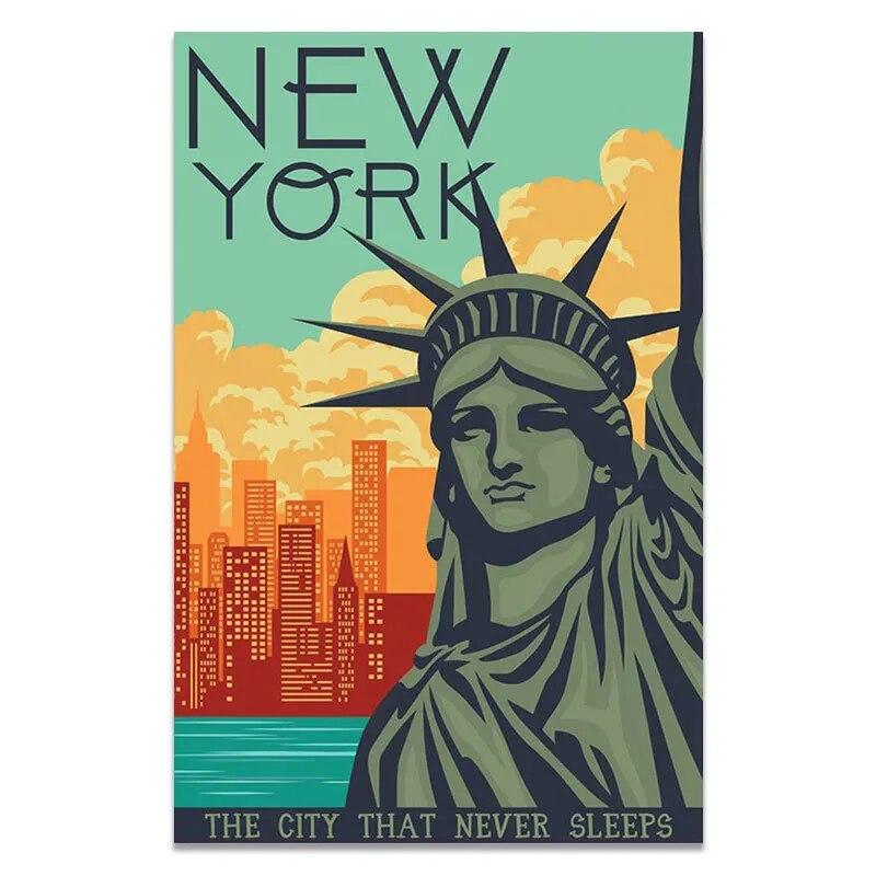 Travel City Vintage Poster Metal Tin Signs New York Paris Tokyo Landscape Retro Plaque Metal Plate Wall Art Decor for Bar Home