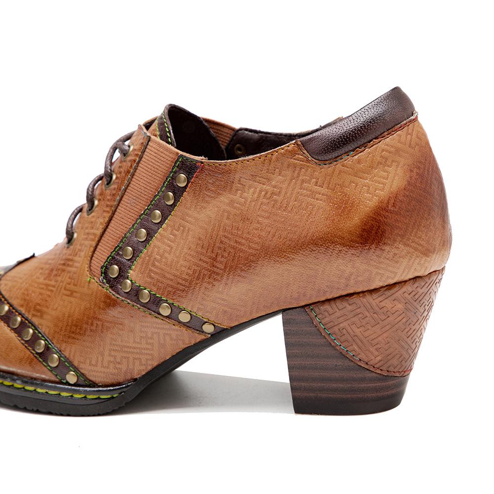 Johnature Женские туфли-лодочки из натуральной кожи, винтажные туфли на высоком каблуке с квадратным носком и заклепками, расписанные вручную, на толстом каблуке со шнуровкой