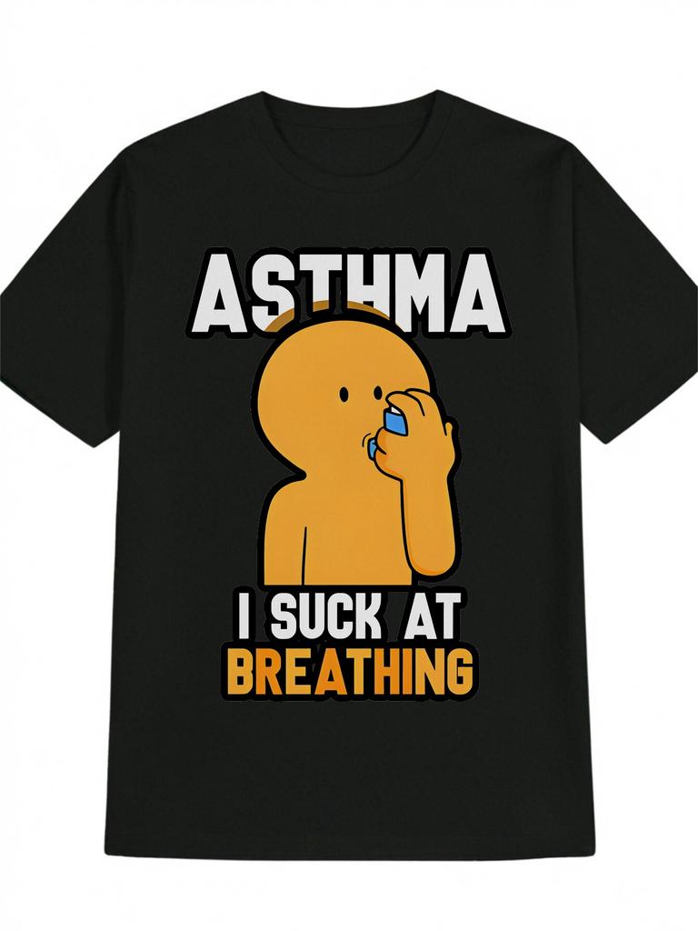 Humorous Asthma Graphic T-shirt - Black Casual Round Neck Tee with Cartoon Character & "I SUCK AT BREATHING" Print