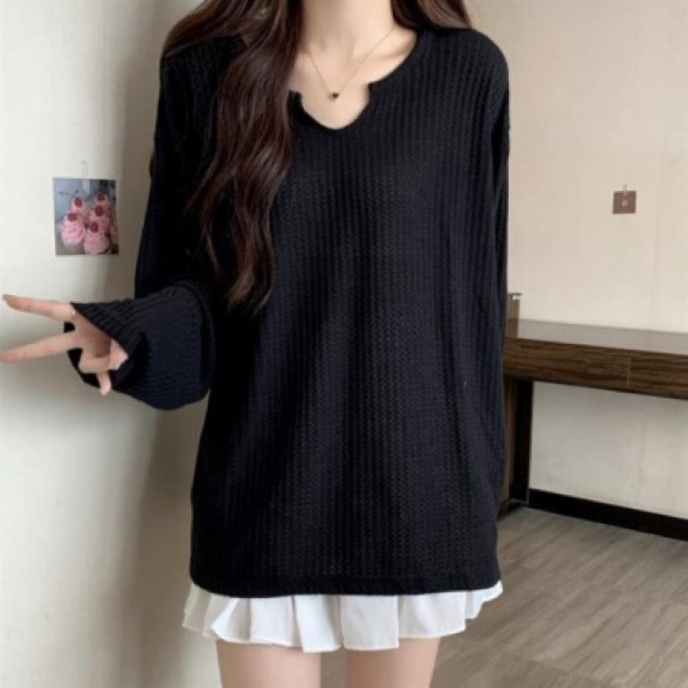 New ArrivalS Open Run Women S baSic Color Weaved Box Fit Slit Long Sleeve Tee