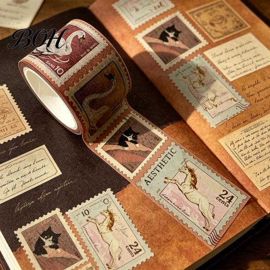 Retro Adhesive Tape Vintage Stamp Washi Roll, Aesthetic Decorative Masking Tape, for DIY Art Crafts, Journaling Scrapbooking Supplies Planner