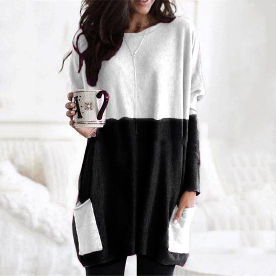 Women Tops Round Neck Long Sleeve Color Block Pullover Tops with Pockets Loose Fit Mid-length Shirt Daily Wear