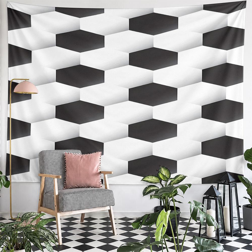 Geometric Black and White Hexagons Pattern Wall Hanging Tapestry Decorative Tapestry Home Decor for Bedroom and Living Room
