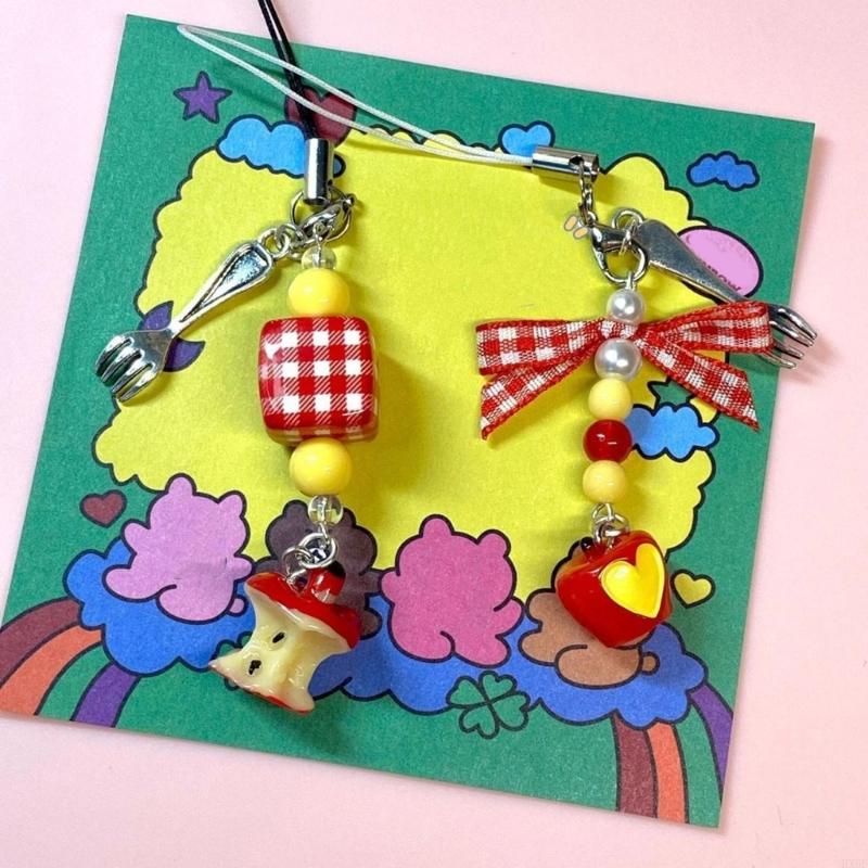 HX6F Bowknot Phone Charm Beaded Phone Pendant Fashion Keychain Bag Pendant Fruit Camera Pendant Perfect Gift for Women Girl