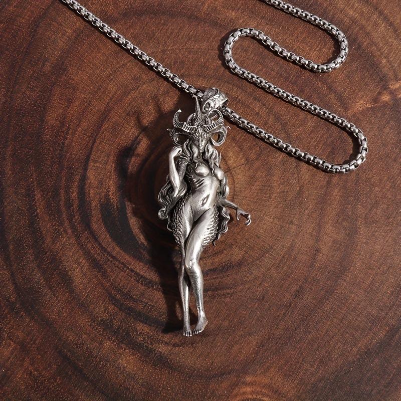 Bull horned witch portrait pendant necklace, silver Satan demon lady necklace, gothic punk style accessory, suitable for daily party gift giving