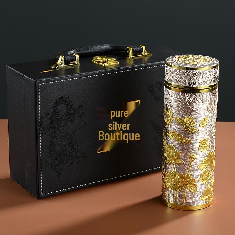 Pure Silver 9999 Thermal Water Cup - Nine Dragon, Hundred Blessings, Dragon & Phoenix Design