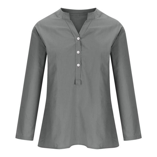 Women Casual Shirt V-Neck Buttons Half Placket Long Sleeve Blouse Solid Color Loose Fit Tunic Tops Office Lady Shirt