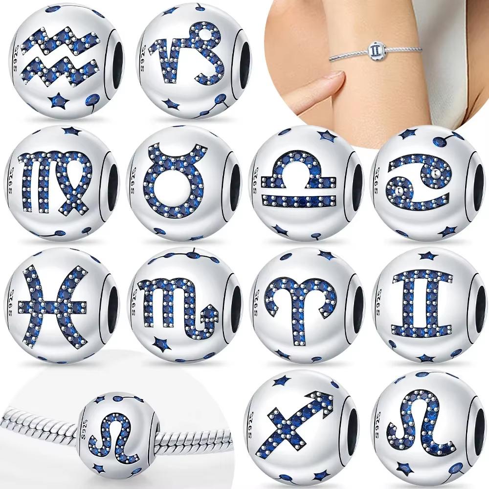Мультяшный Телец Близнецы Звезда Сердце Набор Двенадцати Знаков Зодиака Оригинальные Медные Шармы Бусины Подходят для Браслета Сделай Сам Подарок на День Рождения Женщинам