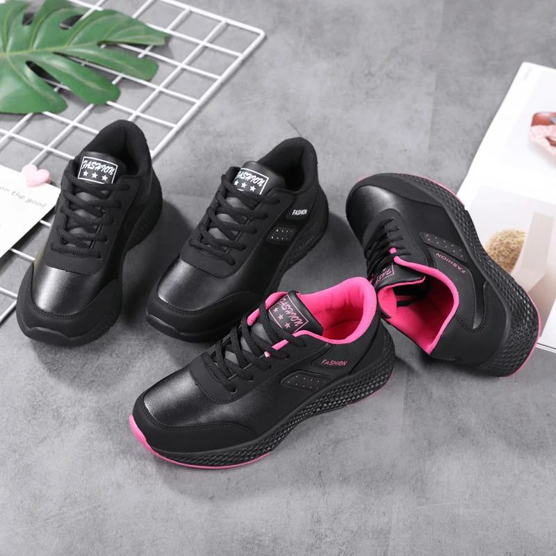 Fashion 2025 Women's Leather Sneakers Casual Sneakers Lace Up Flats Lightweight Comfortable Black Anti-slip Running Shoes Outdoor Sports