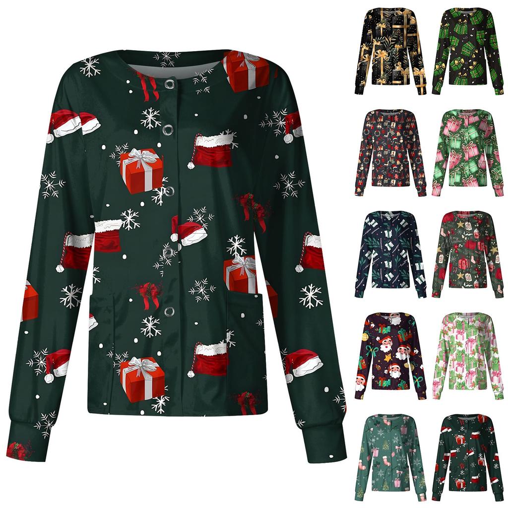 Женская повседневная модная однобортная куртка с длинным рукавом и стоячими лацканами с рождественским принтом, защитная рабочая куртка