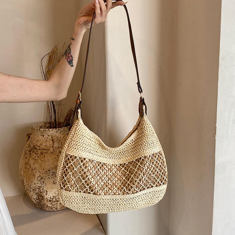 Летняя соломенная плетеная сумка через плечо большой емкости вязаная крючком пляжная сумка женская ручная работа плетеная ажурная сумка для подмышек
