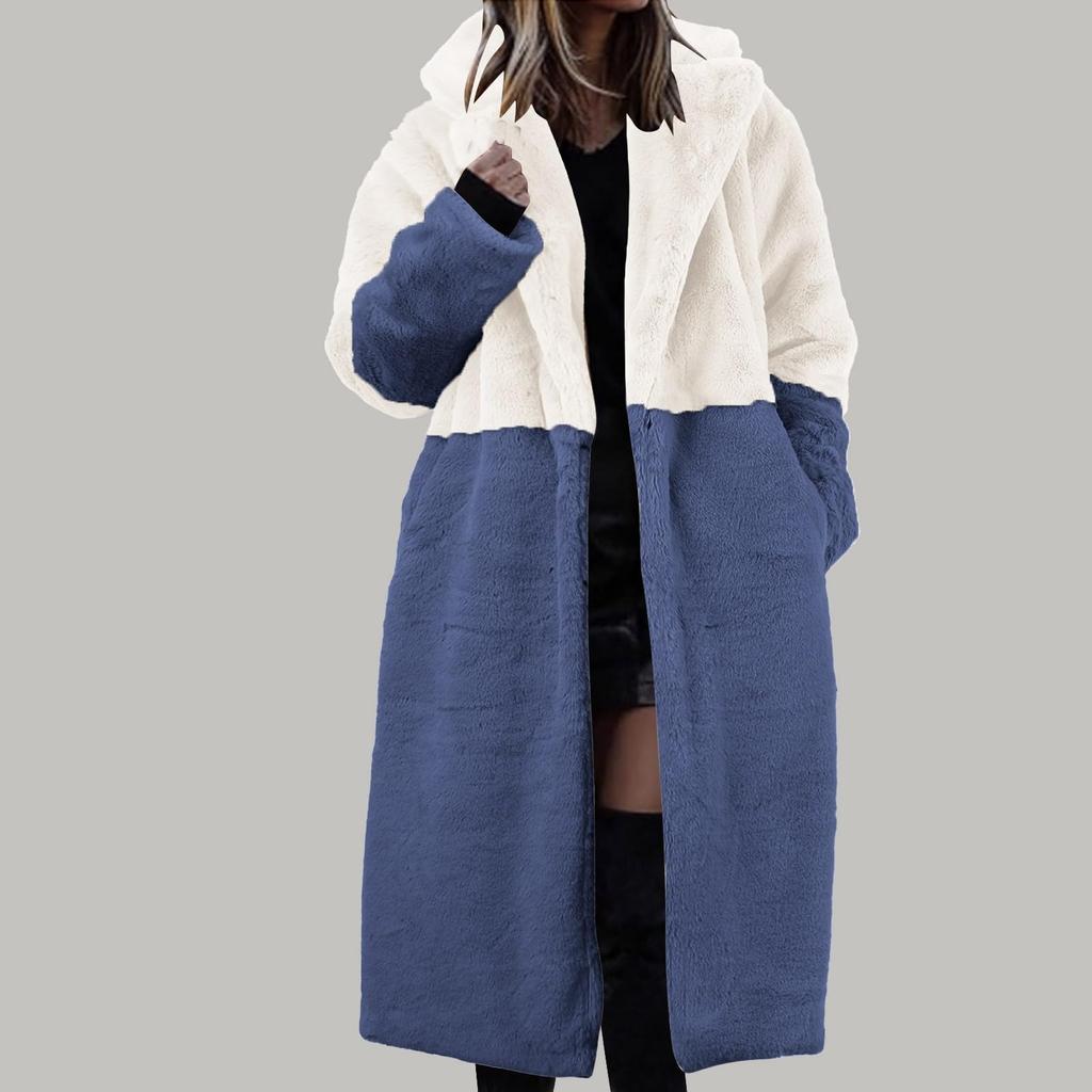 Women's Long Color Blocking Fashionable Winter Loose Flip Collar Plush Jacket