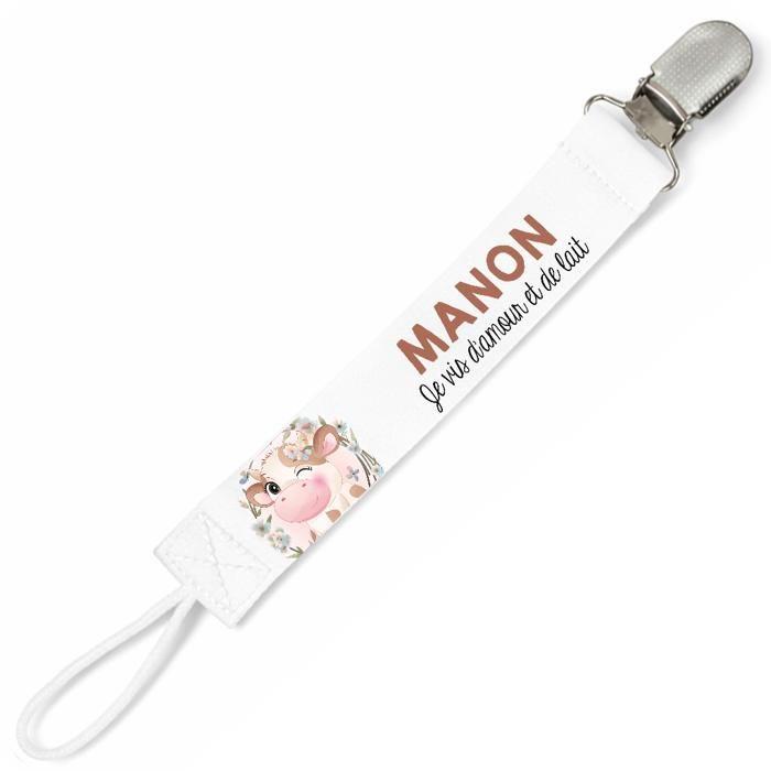 Planetee Attache tétine pour prénom MANON je vis d'amour et de lait Vache | Attache sucette cadeau naissance