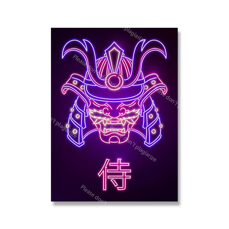 Oriental Retro Neon Canvas Painting Tsuru Sakura Mural Japanese Wave Mount Fuji Samurai Art Poster Print Living Room Home Decor