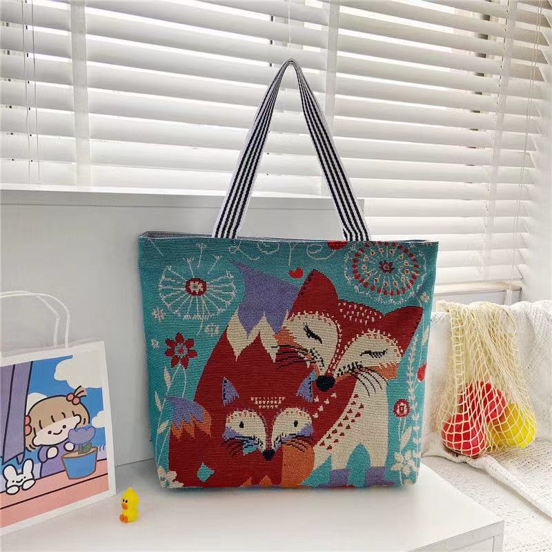 Harajuku Style Cartoon Canvas Bag, Literary Large-Capacity Shoulder Bag, Linen Trendy Cool Ethnic Style Women'S Bag