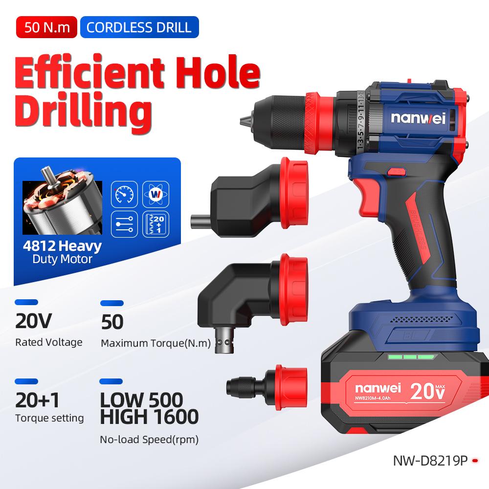 NANWEI Электрическая отвертка 4-в-1 50 Нм с несколькими головками, бесщеточным двигателем, 20 В