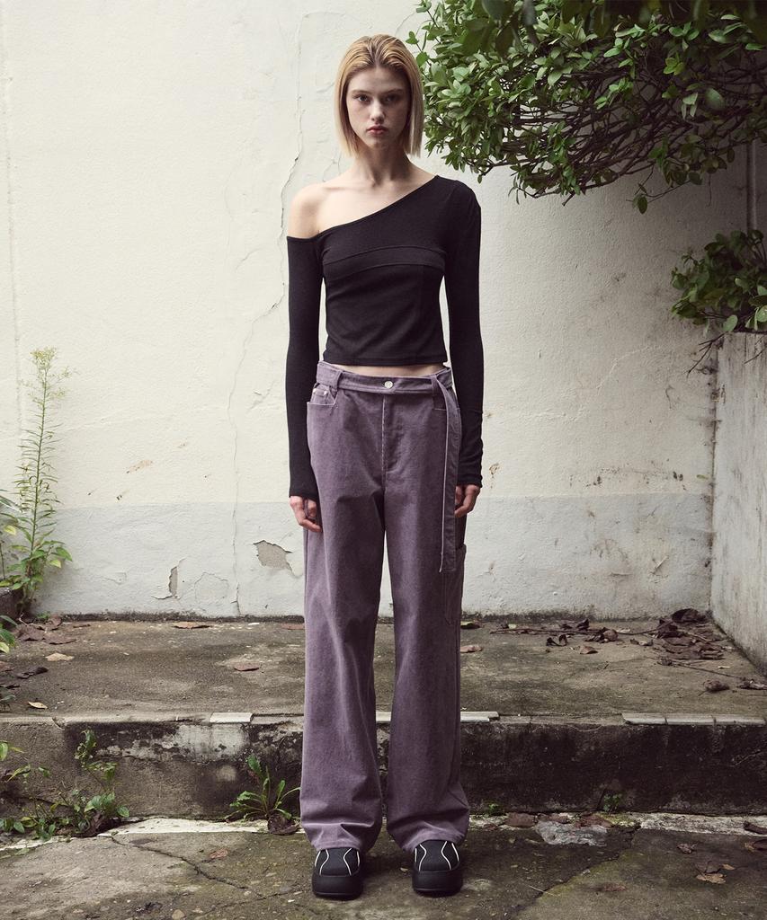 ETMON Waist Belt Corduroy Pants, Purple