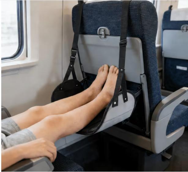 Adjustable footrest with N portable foot hammock, leg support belt, essential travel accessory for long-haul flights