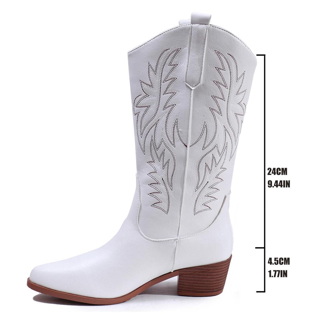 Модные ковбойские сапоги с острым носком и толстым каблуком, женская тенденция 2024 года, модные вышитые зимние туфли для женщин, белые ковбойские сапоги из искусственной кожи