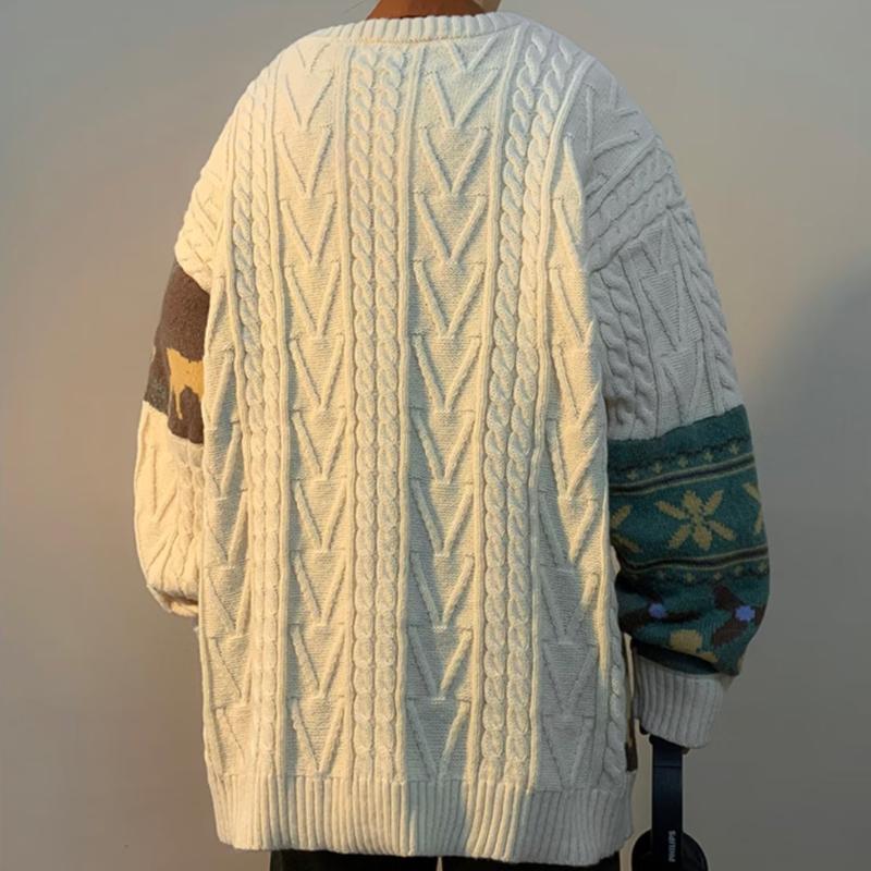 Sweater Men's Winter Thickened Lazy Base Knit Retro Stitched Warm Loose Thread Jacket