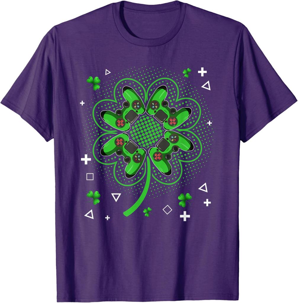Gamer Shamrock Clover Controller St Patricks Day Graphic Tee Men Casual Trip T-Shirt