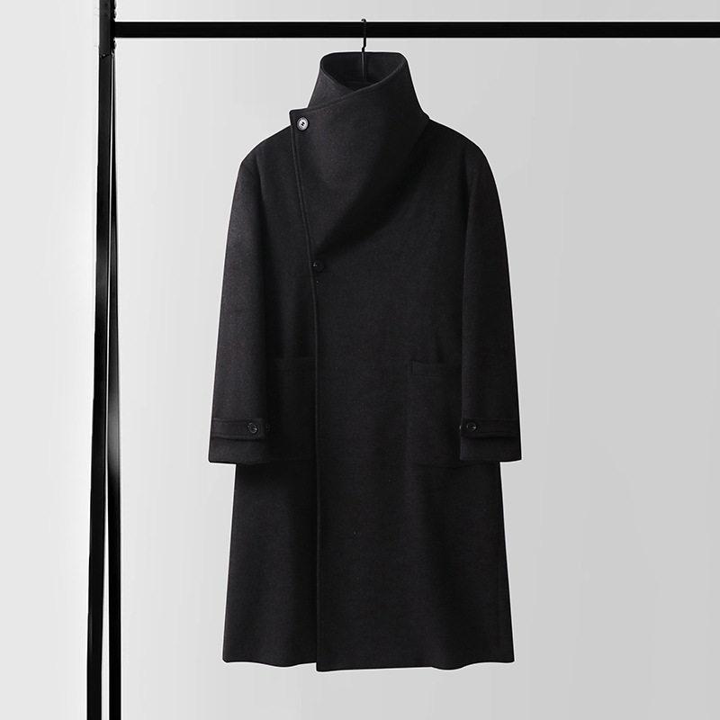 Мужской асимметричный длинный кашемировый пальто с воротником-стойкой и поясом - Большой размер, свободный крой, верхняя одежда для осени и зимы.