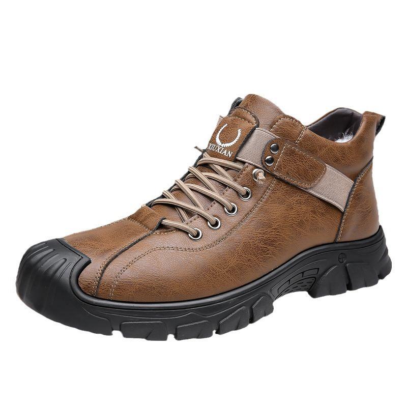 Men's Shoes Round Head Autumn and Winter Casual Leather Shoes Men's Velvet Warm Low-top Cotton Shoes Non-slip Thick-soled Snow Boots
