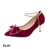 Spring and Autumn Fleece French Pointed Thick Heels Bow High Heels Red Wedding Shoes
