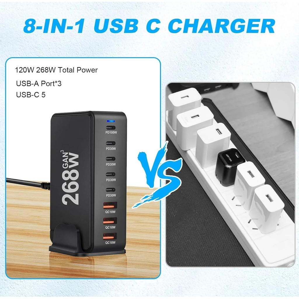Новое быстрое зарядное устройство Gan USB C мощностью 268 Вт, 6-портовая зарядная станция-концентратор, быстрое компактное зарядное устройство GaN, адаптер питания, совместимое с M