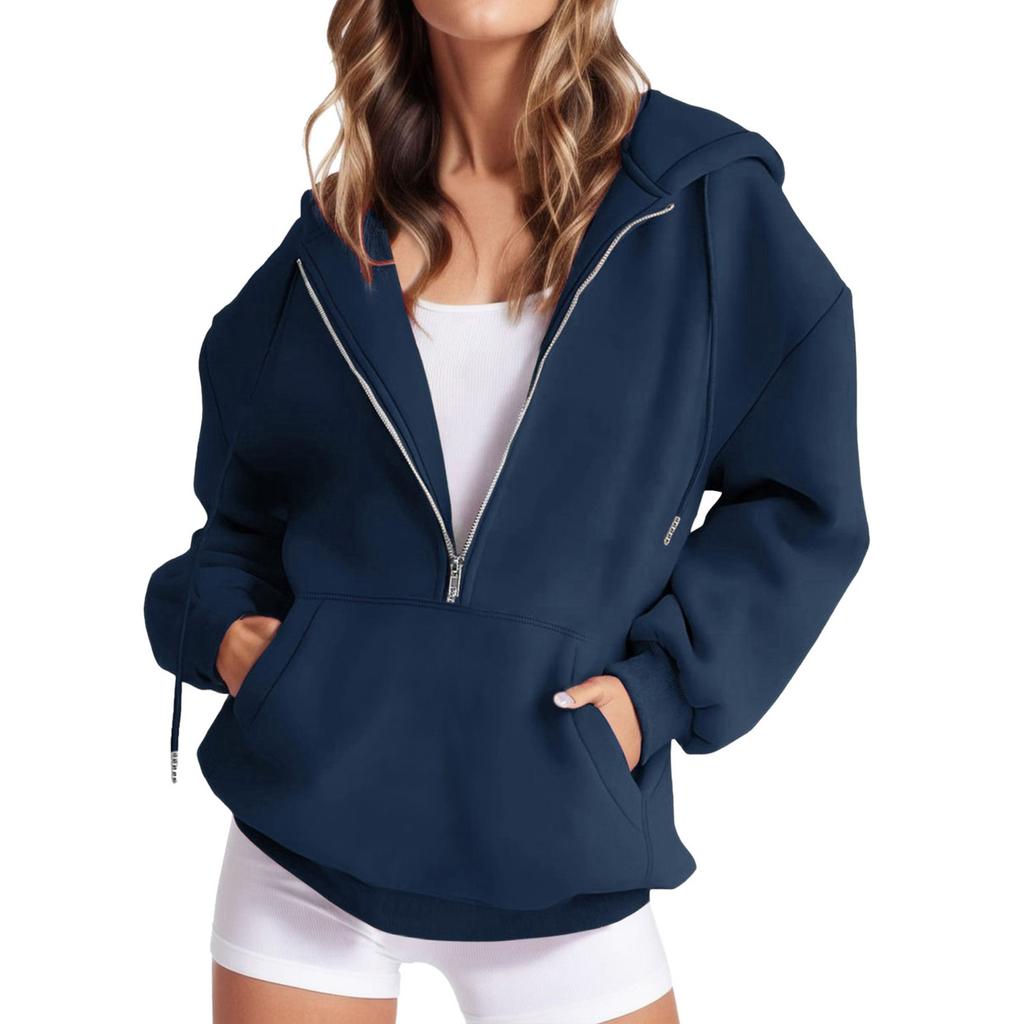 Solid Color Long Sleeve Pocket Hooded Zipper Thickened Pullover Sweatshirt for Women