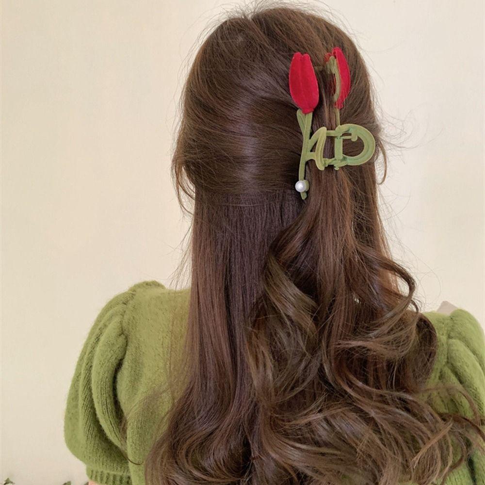 Clip Female Hair Accessories Red Velvet Hair Claw Korean Style Headwear Flocking Tulip Hair Clip
