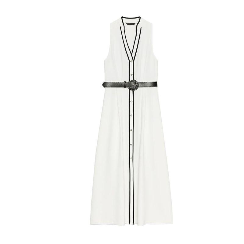 Summer New Product Women's Clothes Minimalist Round Neck Sleeveless Contrast Color Trim Belt Midi Skirt Dress 8552957