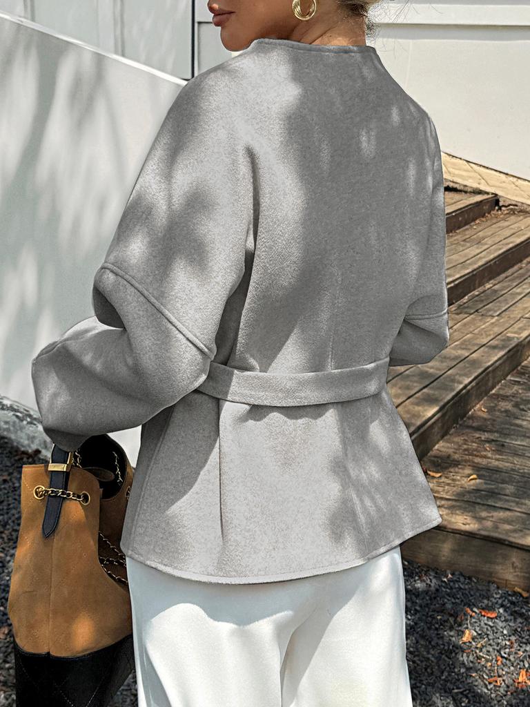 Women's Casual And Fashion V-Neck Strapped Long Sleeve Solid Color Coat