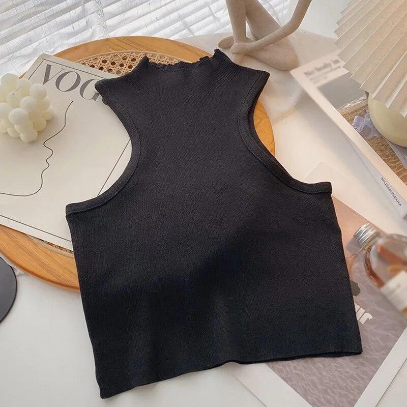Женская однотонная майка без рукавов, легкий укороченный топ, пуловер с воротником-халтер, повседневная базовая рубашка