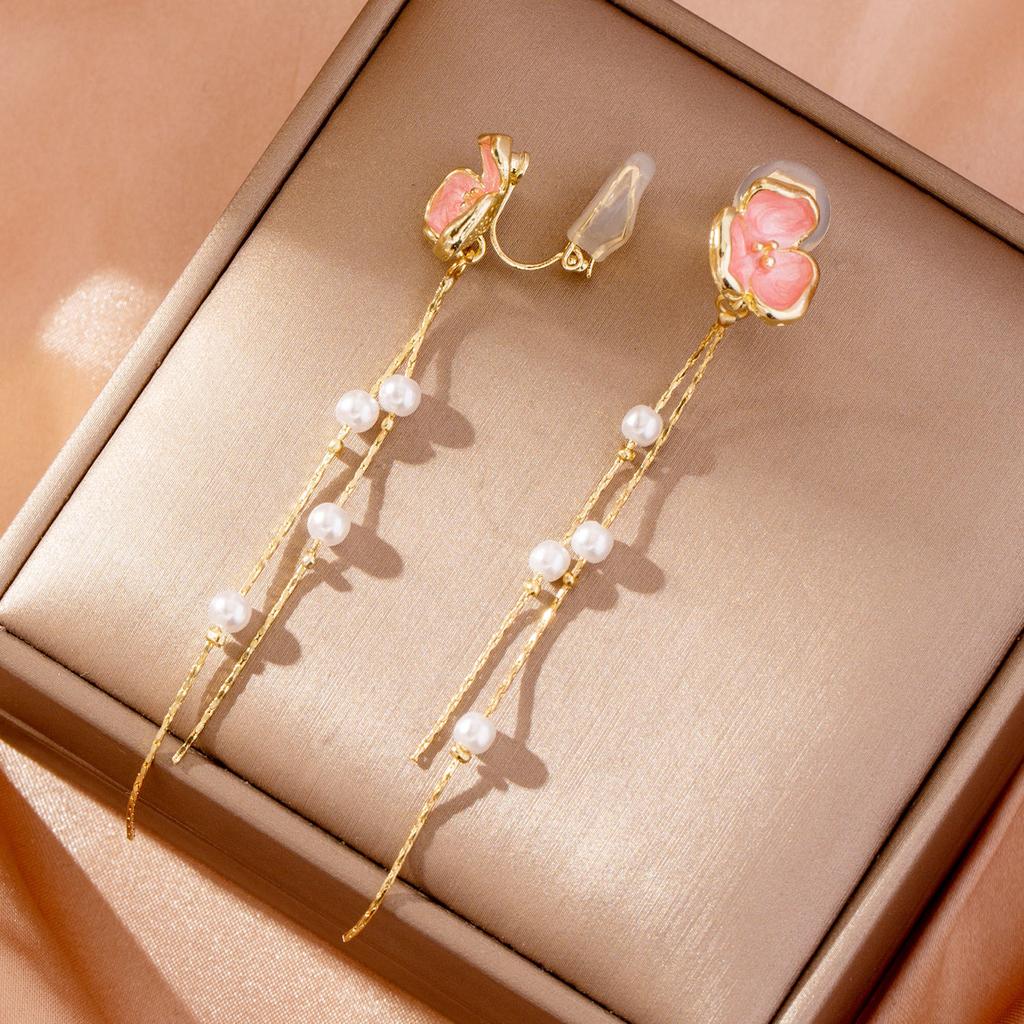 No Piercing Long Imitation Pearl Tassel Earrings Flower Earrings Earrings Round Face