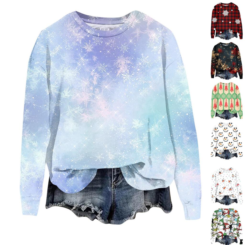 Женская модная рождественская принтованная толстовка с длинным рукавом и круглым вырезом