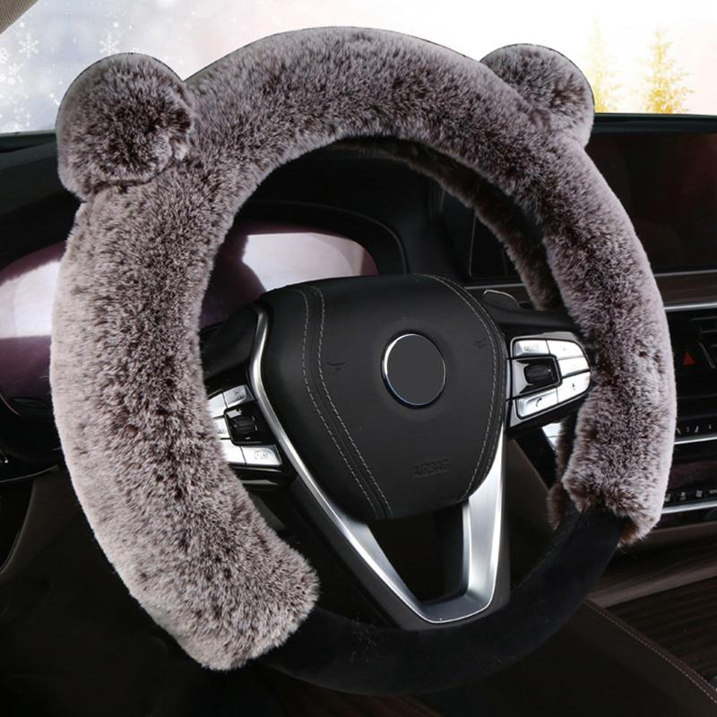 Universal Steering Wheel Cover Cartoon Cute Ear Shape Soft Faux Rabbit Fur Plush Winter Car Interior Styling for Women