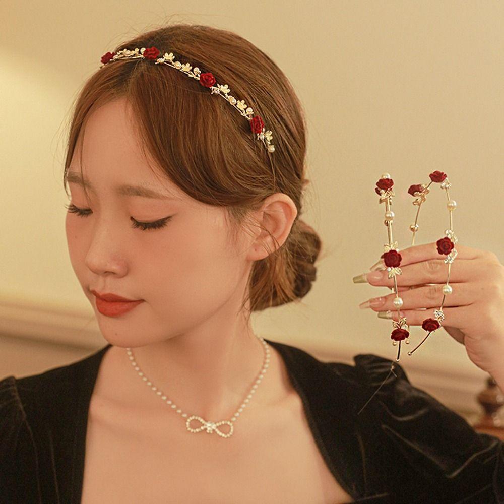 French Red Rhinestone Female Hair Accessories Pearl Hair Hoop Korean Style Headwear Rose Headband