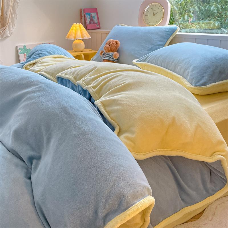 Thickened Milk Fleece Four-Piece Set, Solid Color Coral Fleece Bed Sheet Quilt Cover, Fleece Bedding Three-Piece Set
